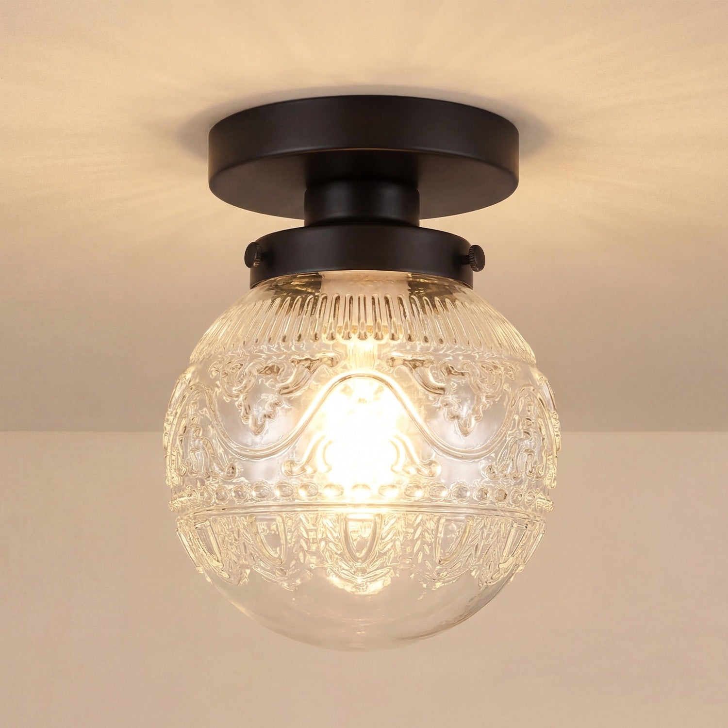 Ixionis Vintage Engraved Pattern Globe Glass Flush Mount Ceiling Light