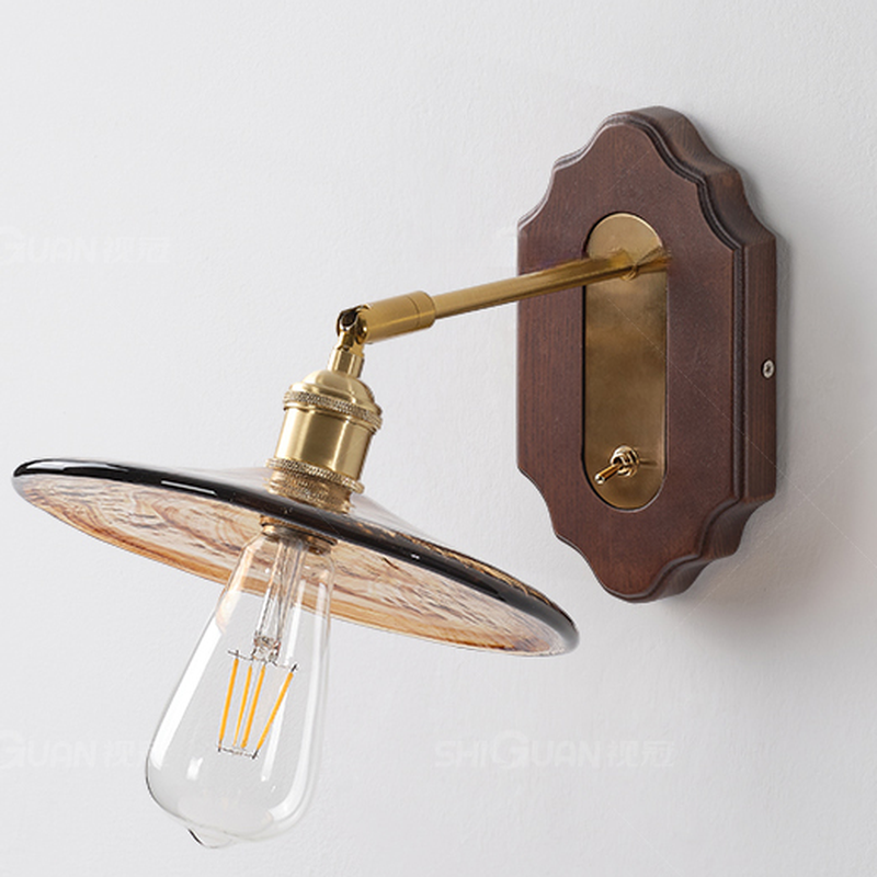 Poulsen Rustic Wood Amber Round Glass Wall Light