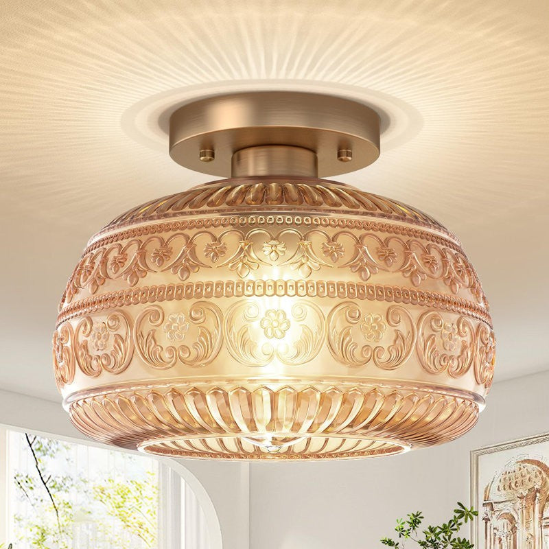 Ixionis Stained Engraved Pattern Glass Flush Mount Ceiling Light