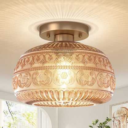 Ixionis Stained Engraved Pattern Glass Flush Mount Ceiling Light