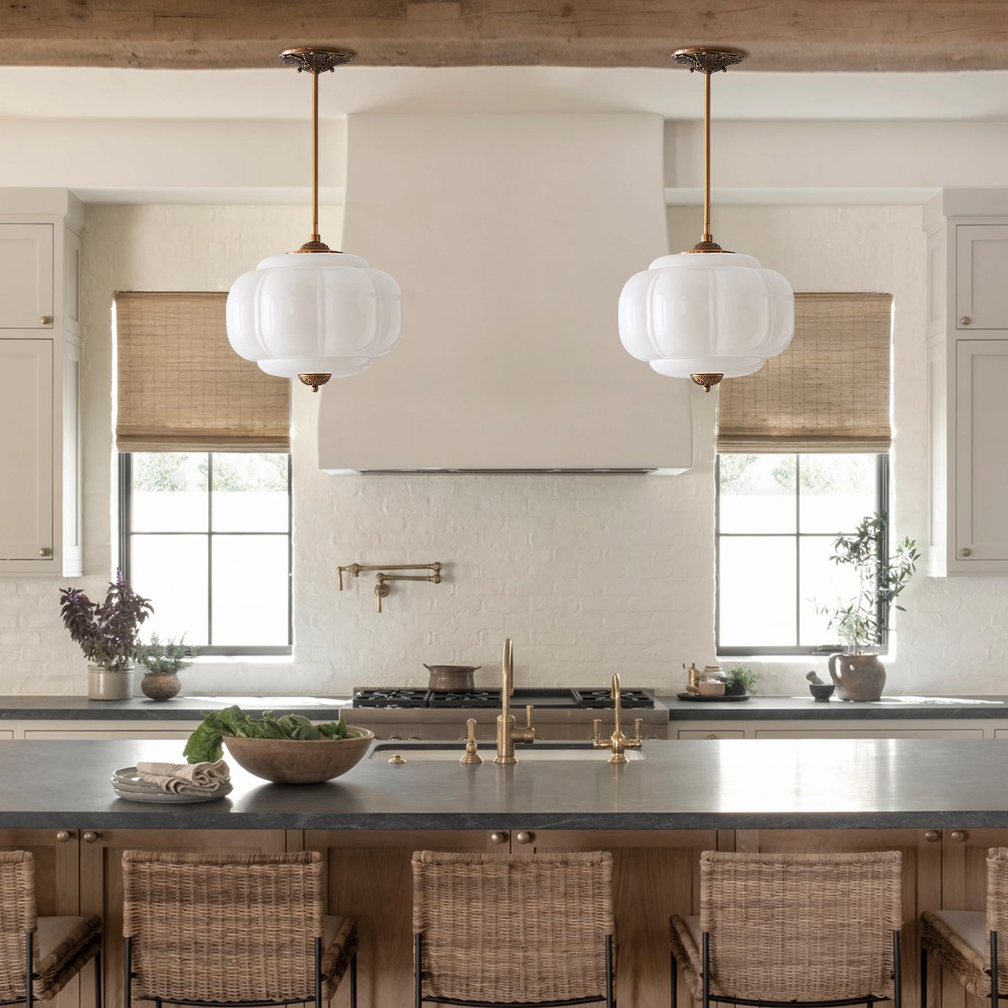 Elegant Eloise Scallop Milk Glass Semi-Flush Mount Ceiling Light - Vintage Brass Frame and Pumpkin Shape