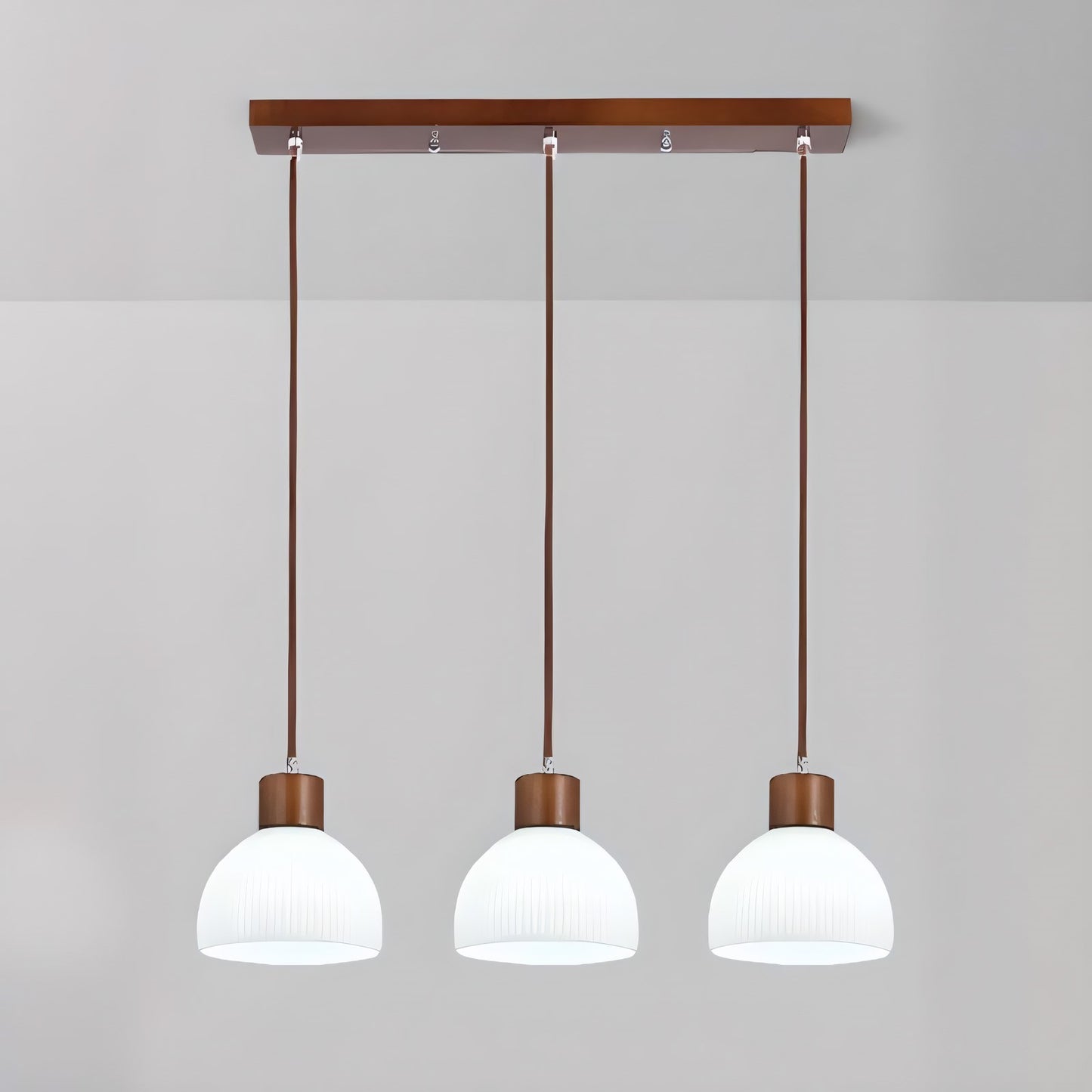 Tyrionth Wood Base 3 Light White Ribbed Glass Shade Pendant Light