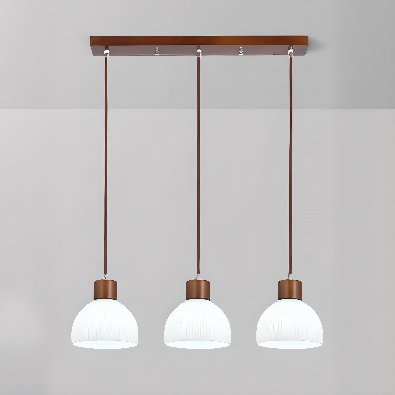 Tyrionth Wood Base 3 Light White Ribbed Glass Shade Pendant Light