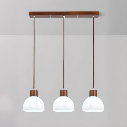 Tyrionth Wood Base 3 Light White Ribbed Glass Shade Pendant Light