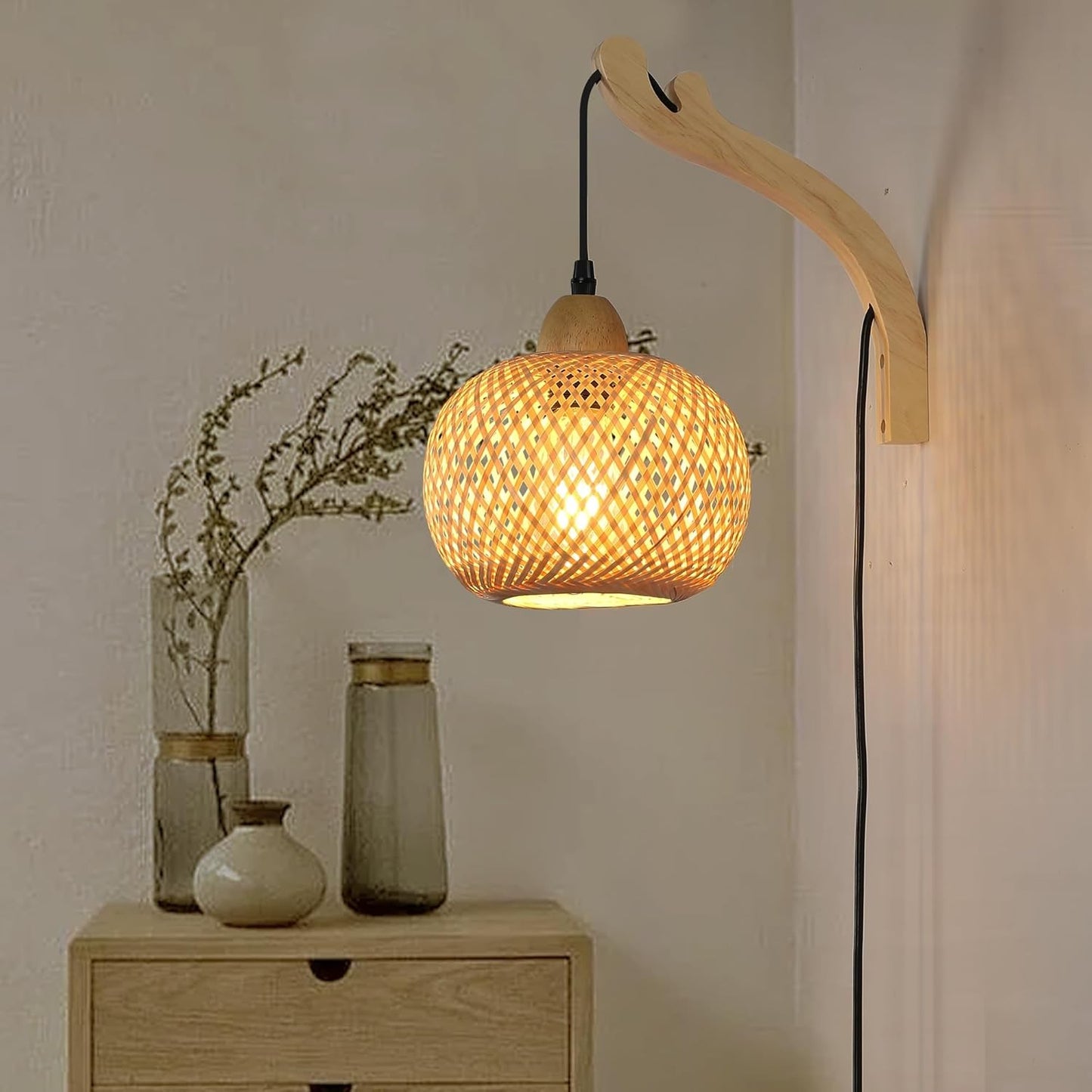 Deyron Rattan Hanging Wood Plug In Wall Mounted Lamp