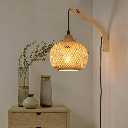 Deyron Rattan Hanging Wood Plug In Wall Mounted Lamp