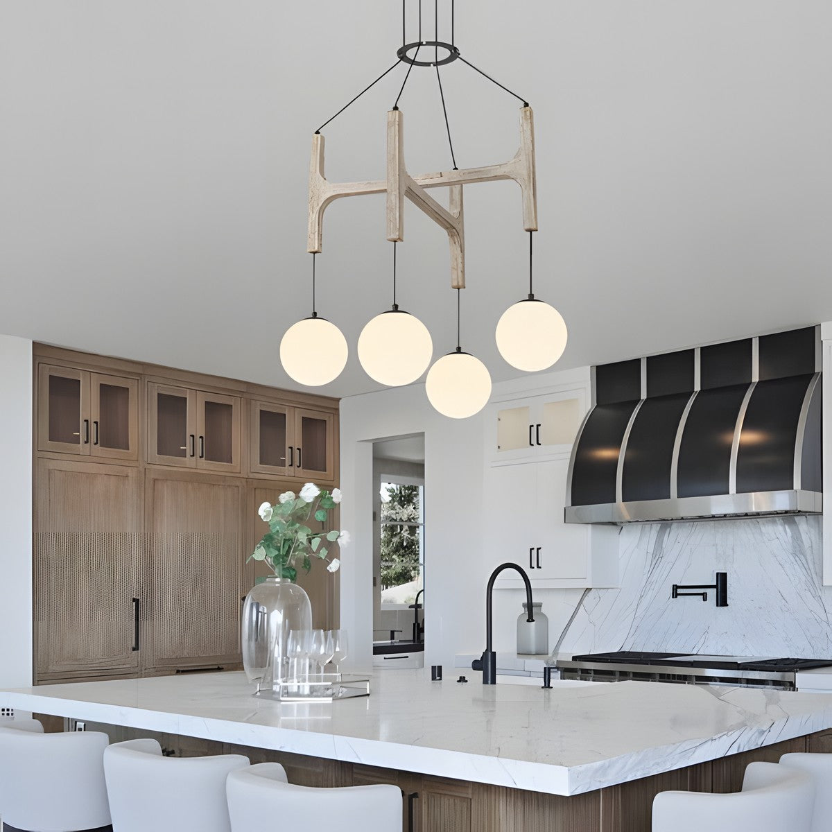 Astraea Farmhouse Wooden Branch Milk Glass Globe Chandelier