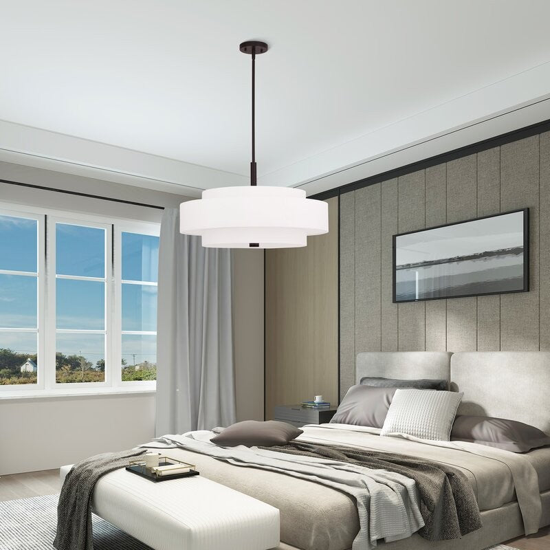 Harlow Linen Blend 5 Light Metal Double Tier Drum Pendant Light
