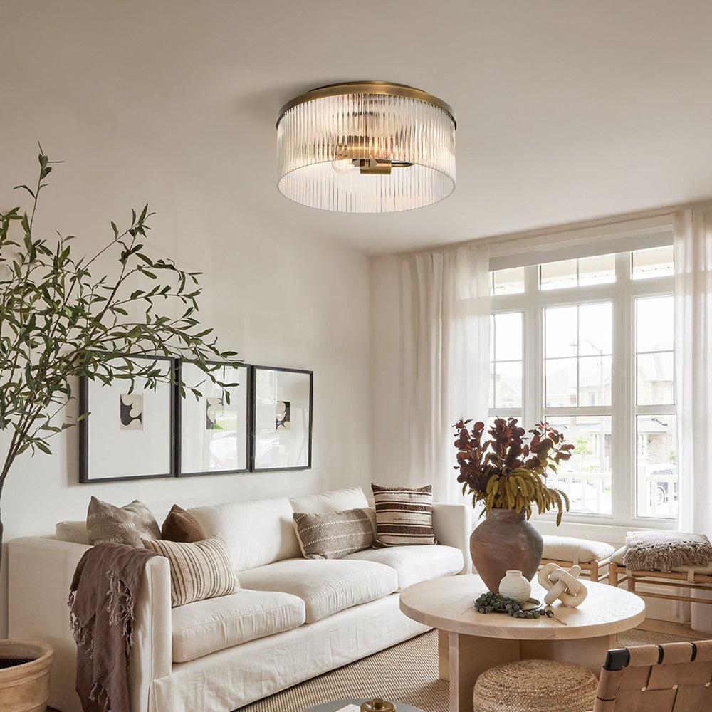 Sylan Farmhouse Round Ribbed Glass Flush Mount Ceiling Light