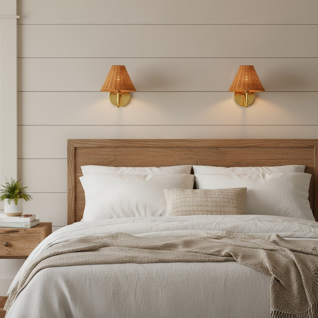 Betty Natural Rattan Cone Brass Wall Sconce