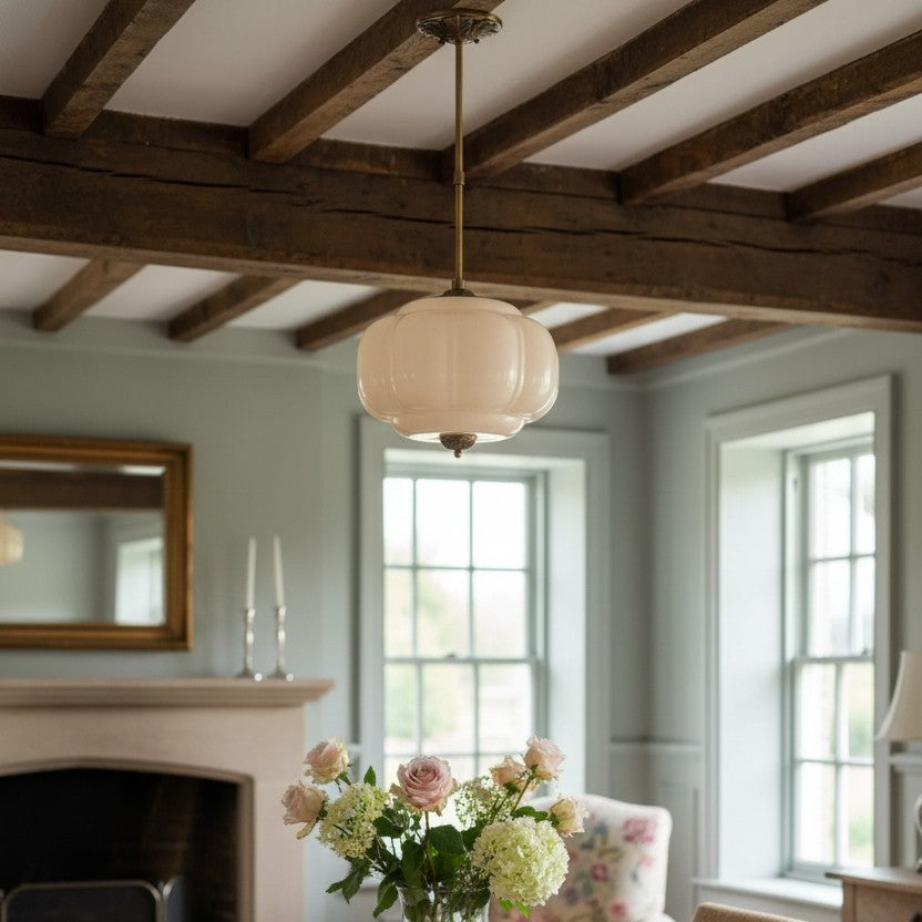 Elegant Eloise Scallop Milk Glass Semi-Flush Mount Ceiling Light - Vintage Brass Frame and Pumpkin Shape