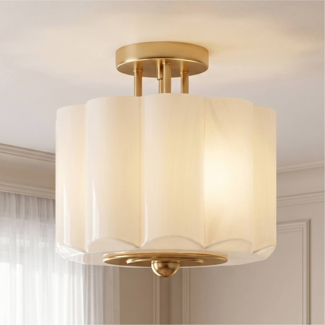Hanahs Farmhouse Milk Glass Scalloped Shade Ceiling Light