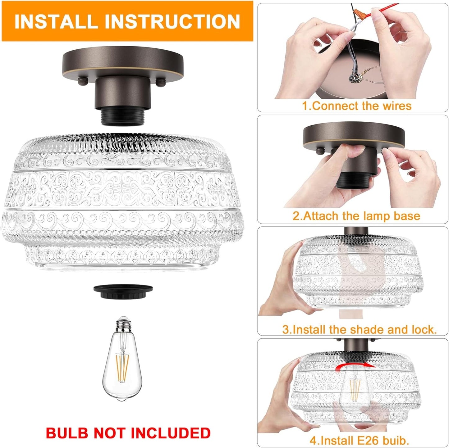 Ixionis Farmhouse Patterned Glass Semi Flush Mount Ceiling Light