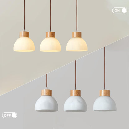 Tyrionth Wood Base 3 Light White Ribbed Glass Shade Pendant Light
