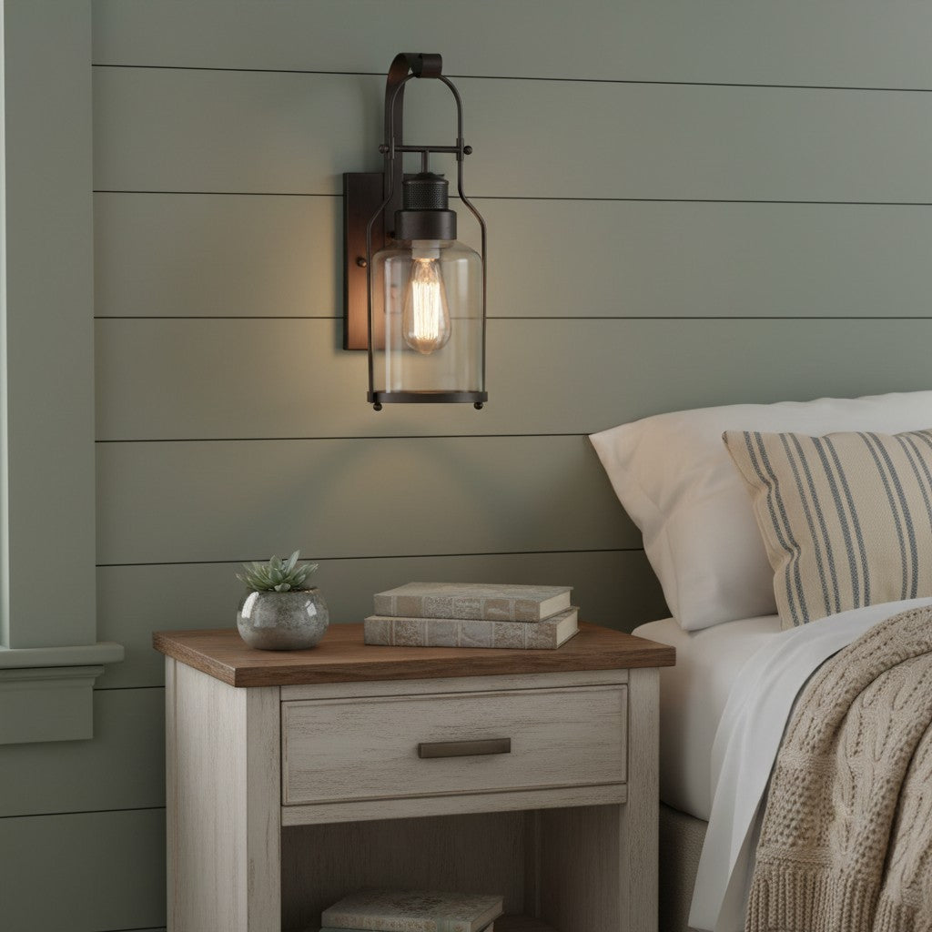 Bureau Industrial Antique Iron Glass Jar Wall Sconce