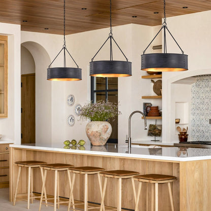 Quillan Industrial Large Black Drum Pendant Light For Dinning Room