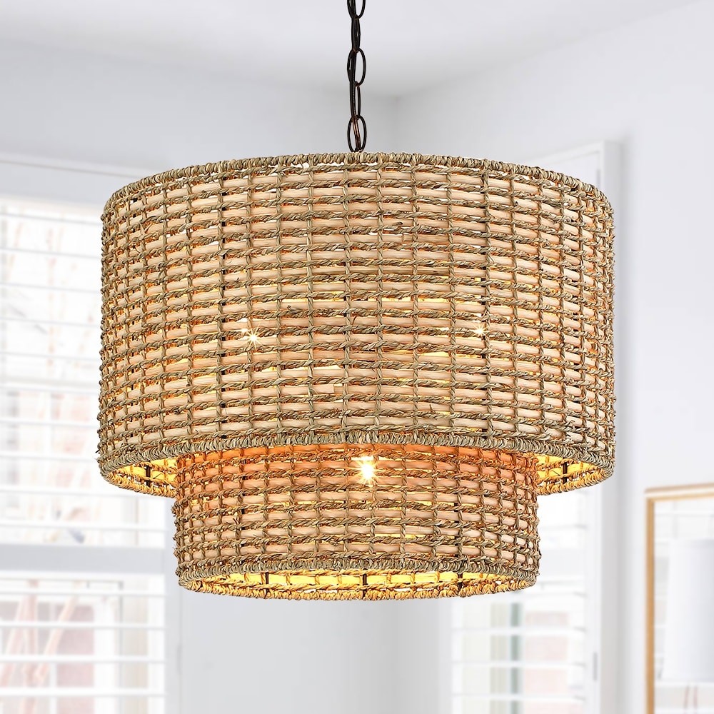 Harland Beachy Natural Rattan Double Drum Pendant Light