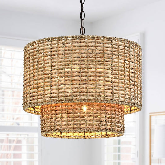 Harland Beachy Natural Rattan Double Drum Pendant Light