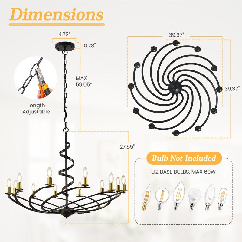 Clara Modern Matte Black Metal Spiral Chandelier