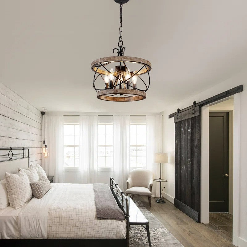 Cael Farmhouse Drum Wood Cage Pendant Light