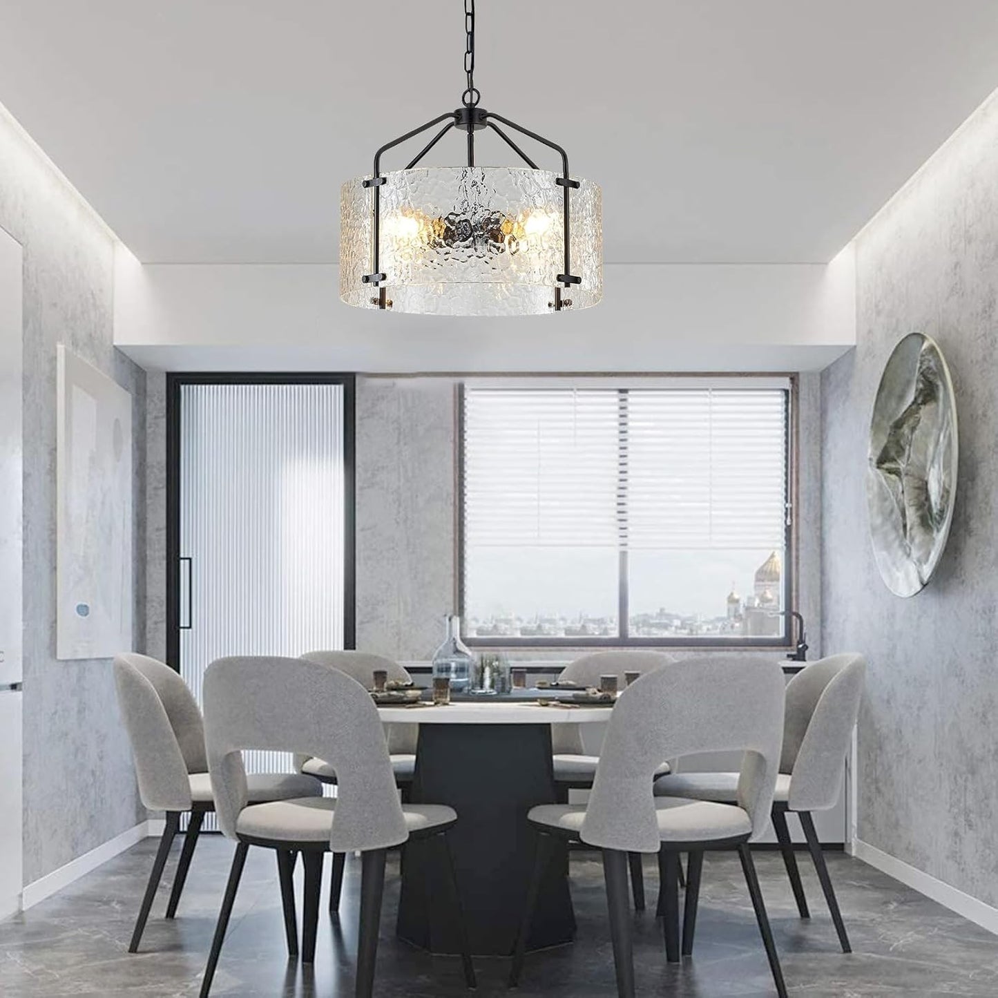 Elys Modern Water Corrugated Glass Drum Shade Pendant Light