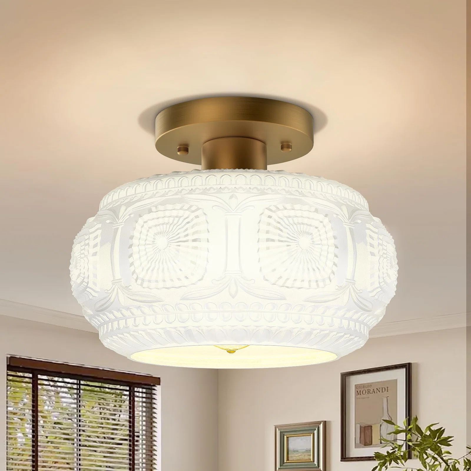 Ixionis Retro Carved Glass Semi Flush Ceiling Light