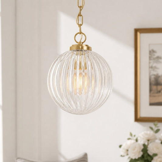 Hana Farmhouse Ribbed Glass Globe Pendant Light