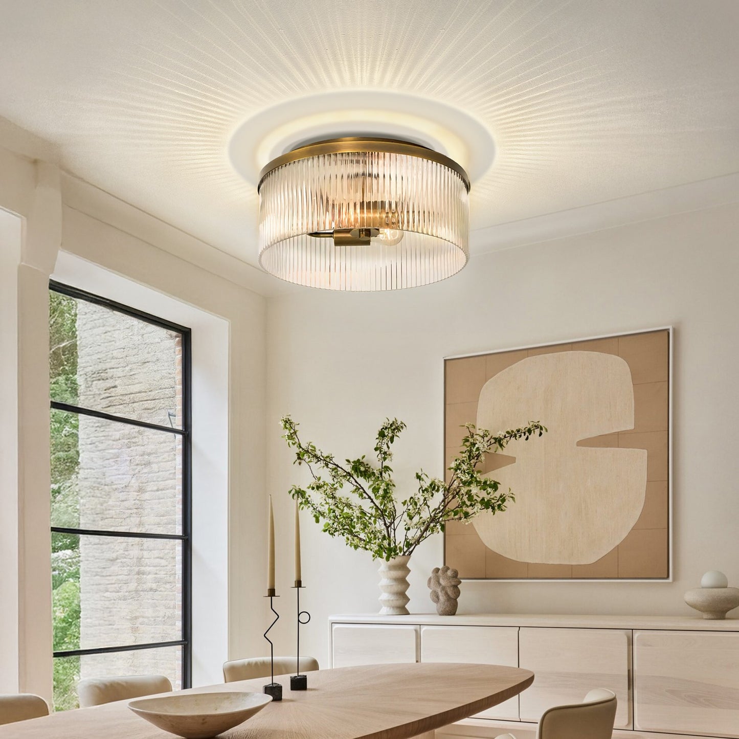 Sylan Farmhouse Round Ribbed Glass Flush Mount Ceiling Light