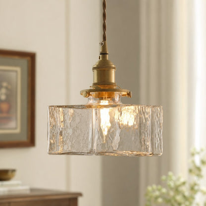 Faelthorin Farmhouse Brass Hammered Square Glass Pendant Lamp