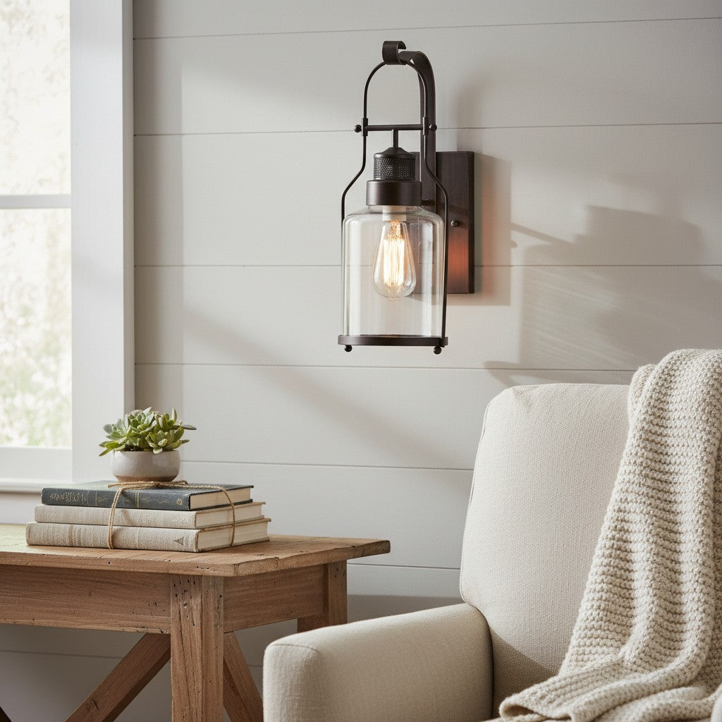 Bureau Industrial Antique Iron Glass Jar Wall Sconce