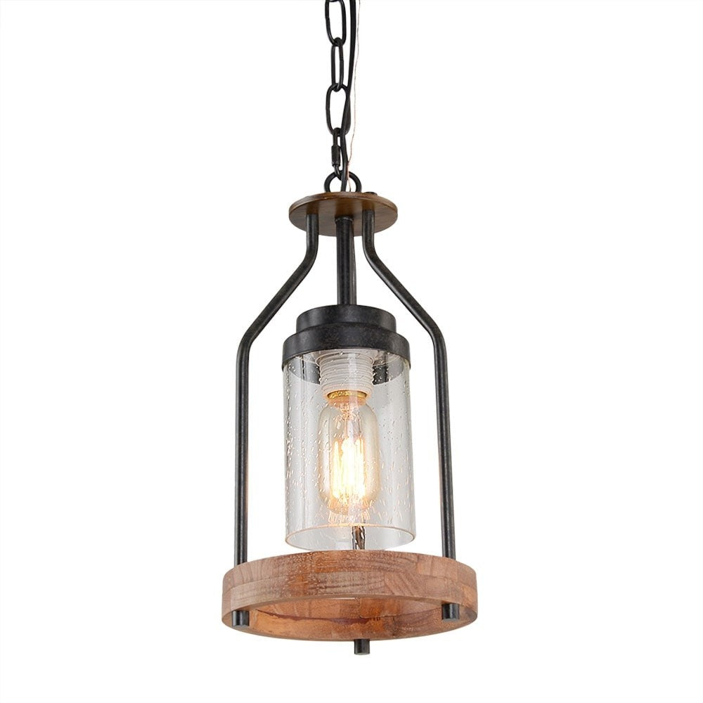 Doran Farmhouse Black Cage Cylinder Glass Pendant Light