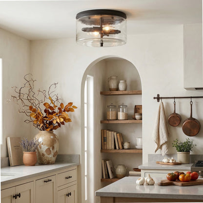 Quinlan Modern Black Drum Glass Flush Mount Ceiling Light