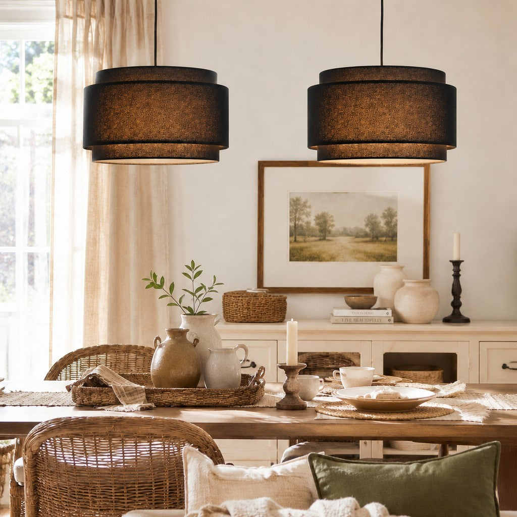 Virelai Modern Linen Double Drum Pendant Light