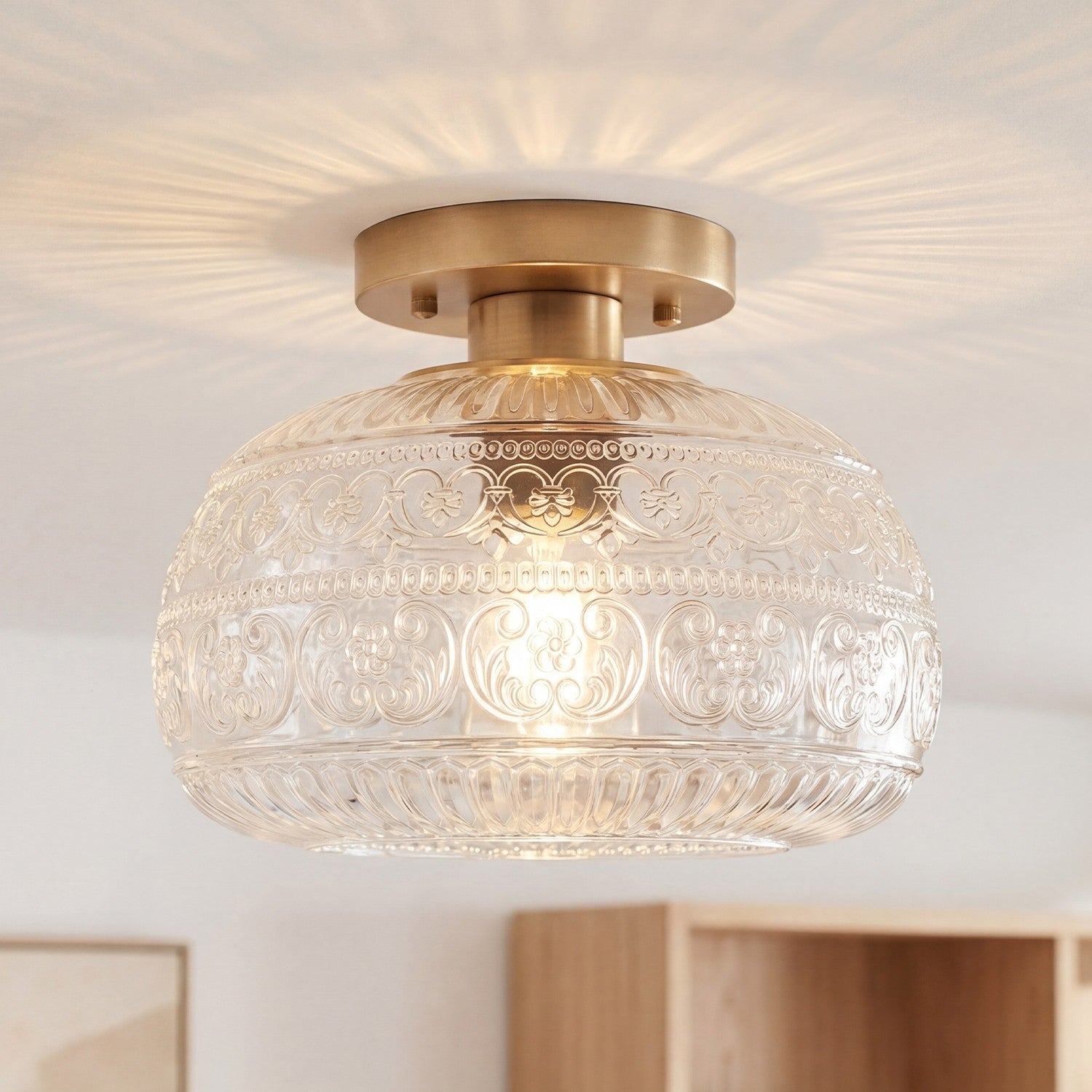 Ixionis Stained Engraved Pattern Glass Flush Mount Ceiling Light