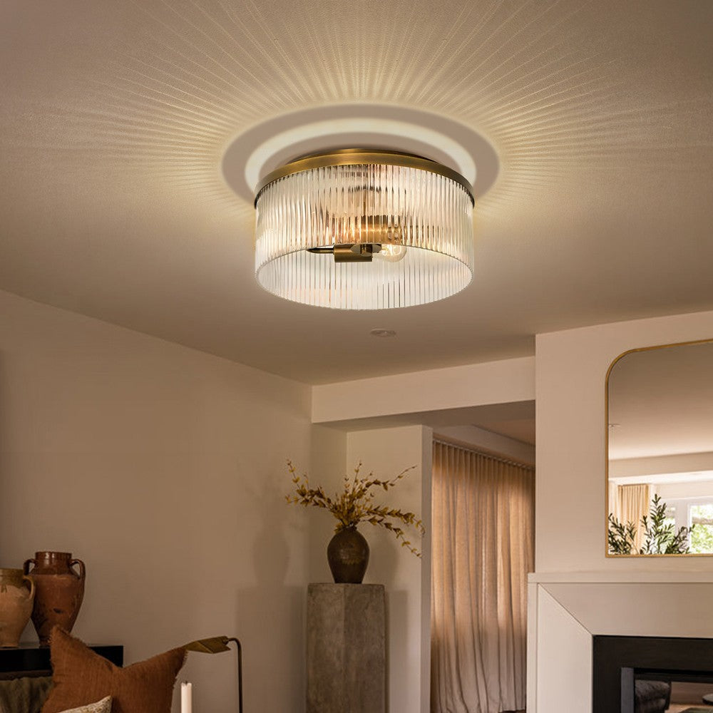 Sylan Farmhouse Round Ribbed Glass Flush Mount Ceiling Light