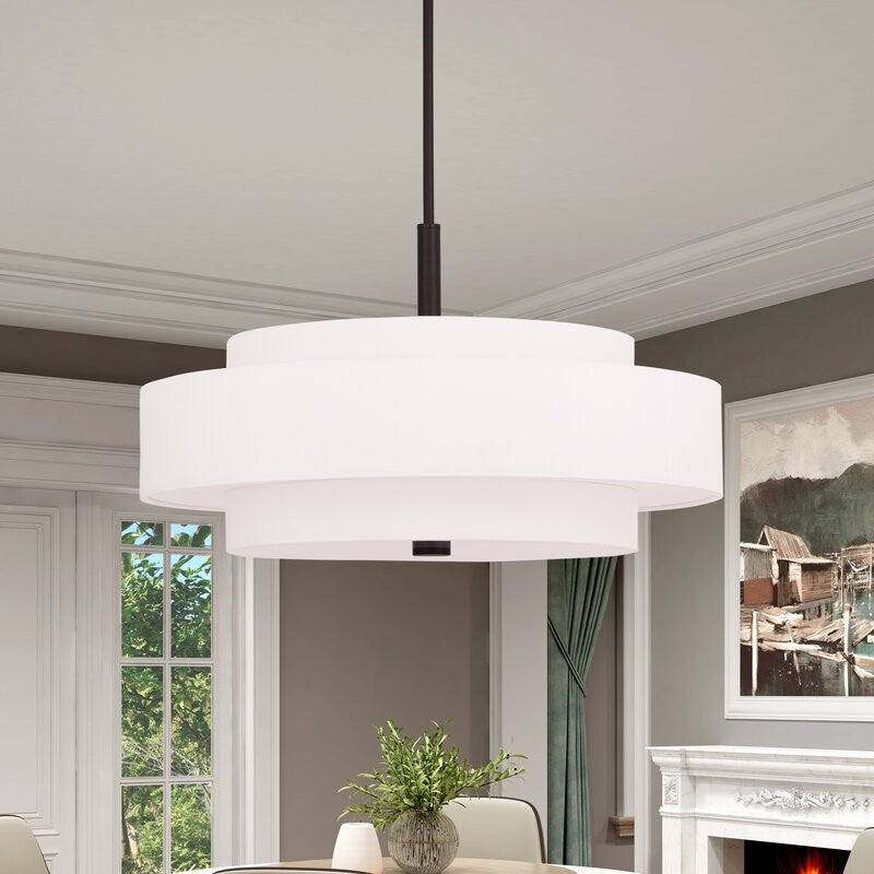 Harlow Linen Blend 5 Light Metal Double Tier Drum Pendant Light