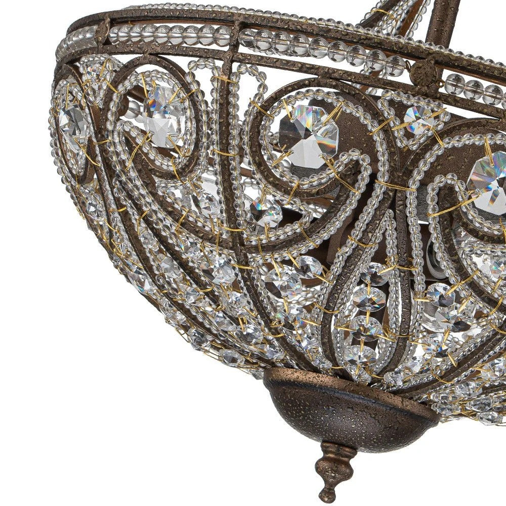 Ive Vintage Bronze Bowl 3-Light Crystal Semi Flush Ceiling Light