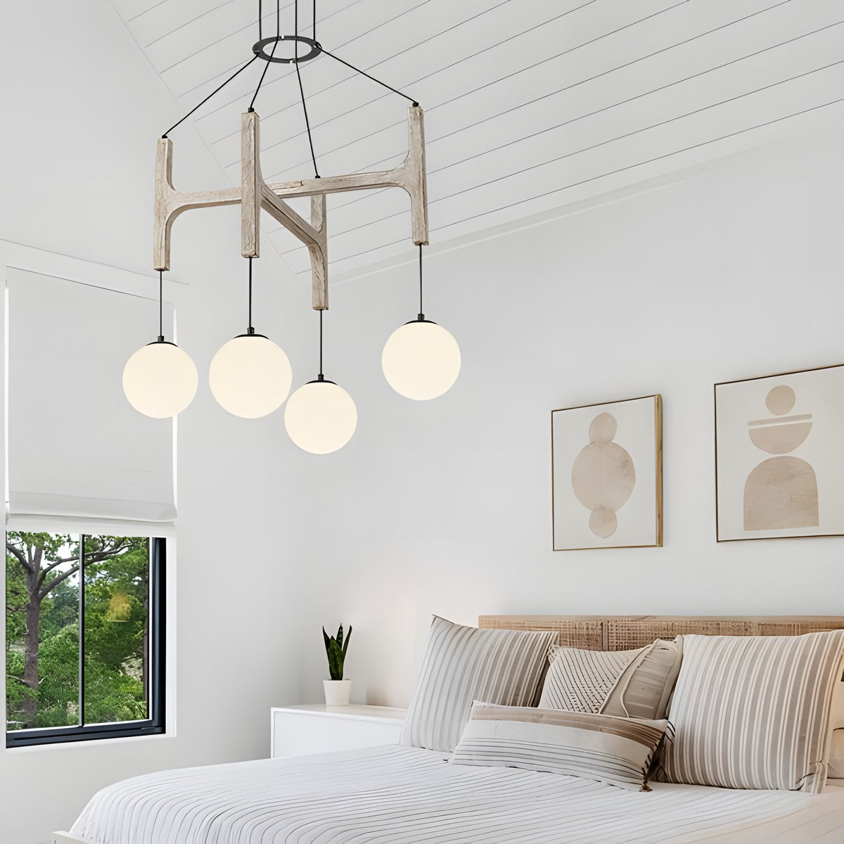 Astraea Farmhouse Wooden Branch Milk Glass Globe Chandelier