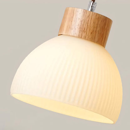 Tyrionth Wood Base 3 Light White Ribbed Glass Shade Pendant Light