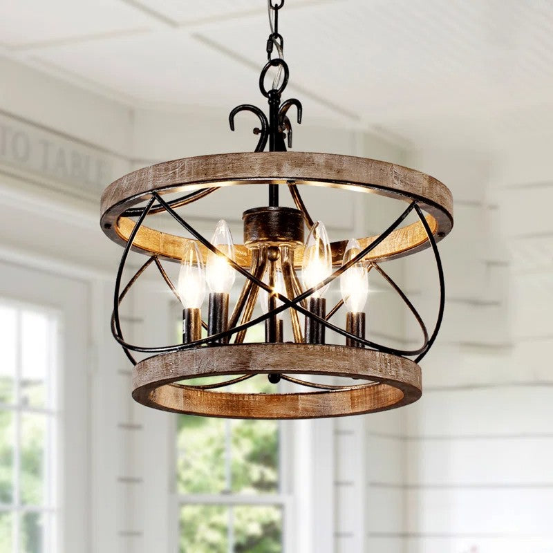 Cael Farmhouse Drum Wood Cage Pendant Light