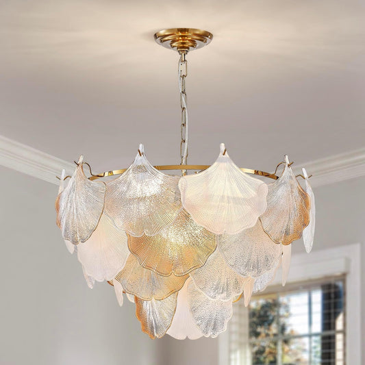 Cyan Champagne Ginkgo Leaf Textured Glass Chandelier