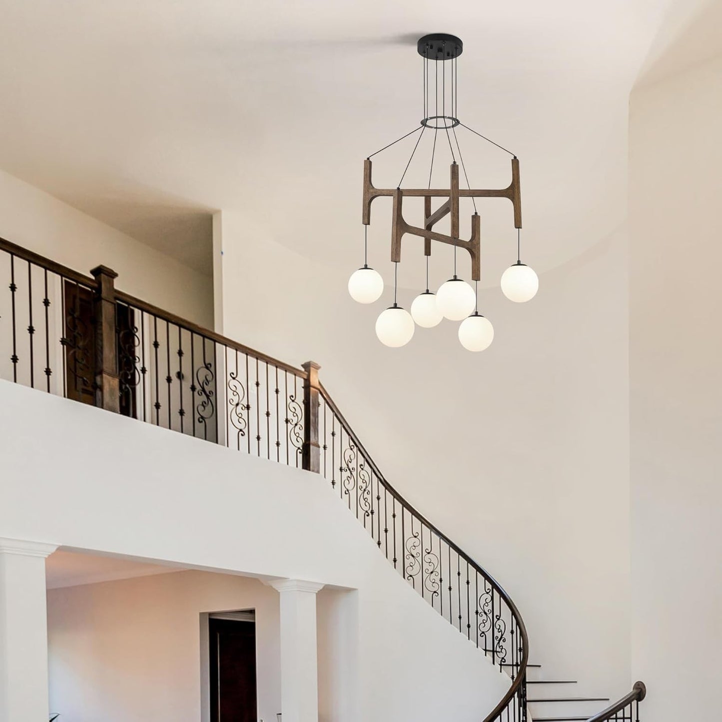 Astraea Farmhouse Wooden Branch Milk Glass Globe Chandelier