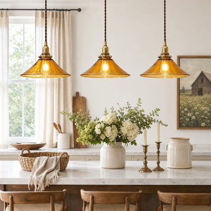Vythar Retro Brass Cone Amber Glass Pendant Light
