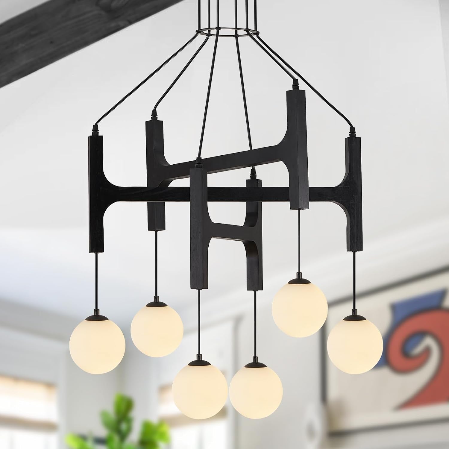 Astraea Farmhouse Wooden Branch Milk Glass Globe Chandelier