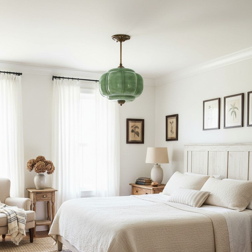 Elegant Eloise Scallop Milk Glass Semi-Flush Mount Ceiling Light - Vintage Brass Frame and Pumpkin Shape