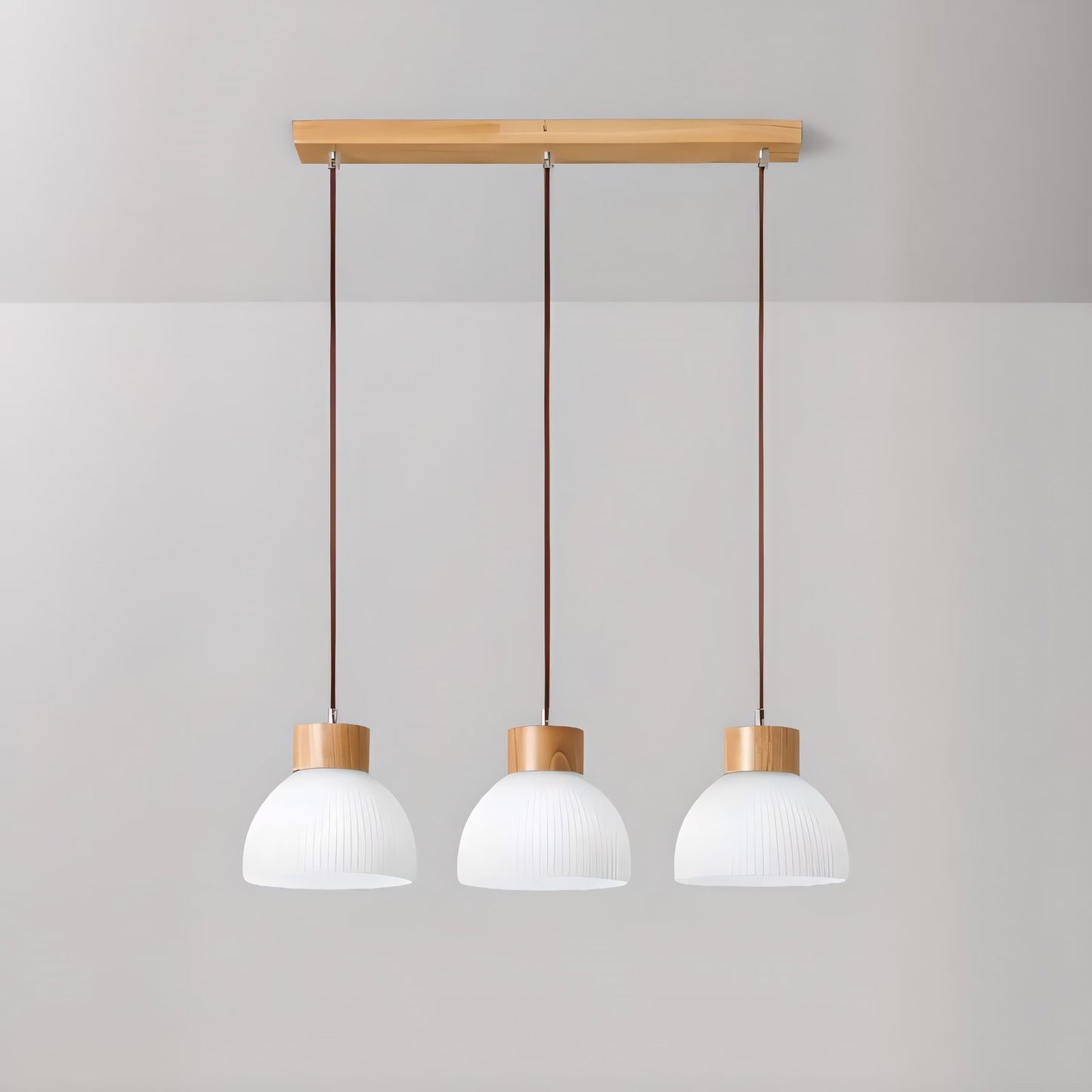 Tyrionth Wood Base 3 Light White Ribbed Glass Shade Pendant Light
