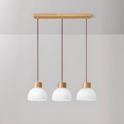 Tyrionth Wood Base 3 Light White Ribbed Glass Shade Pendant Light