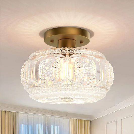 Ixionis Retro Carved Glass Semi Flush Ceiling Light