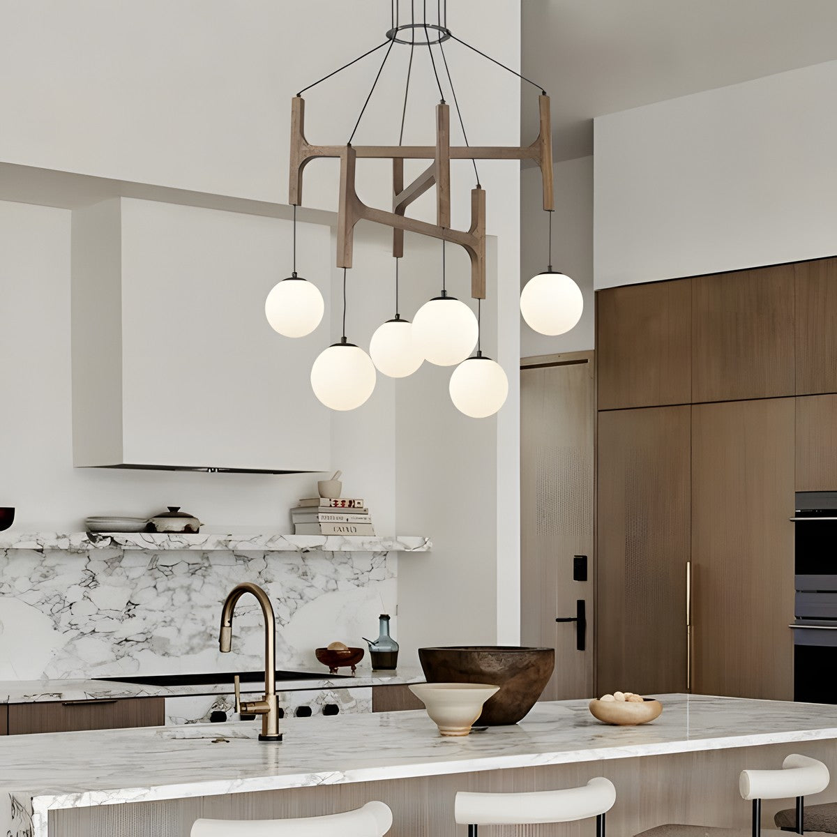 Astraea Farmhouse Wooden Branch Milk Glass Globe Chandelier