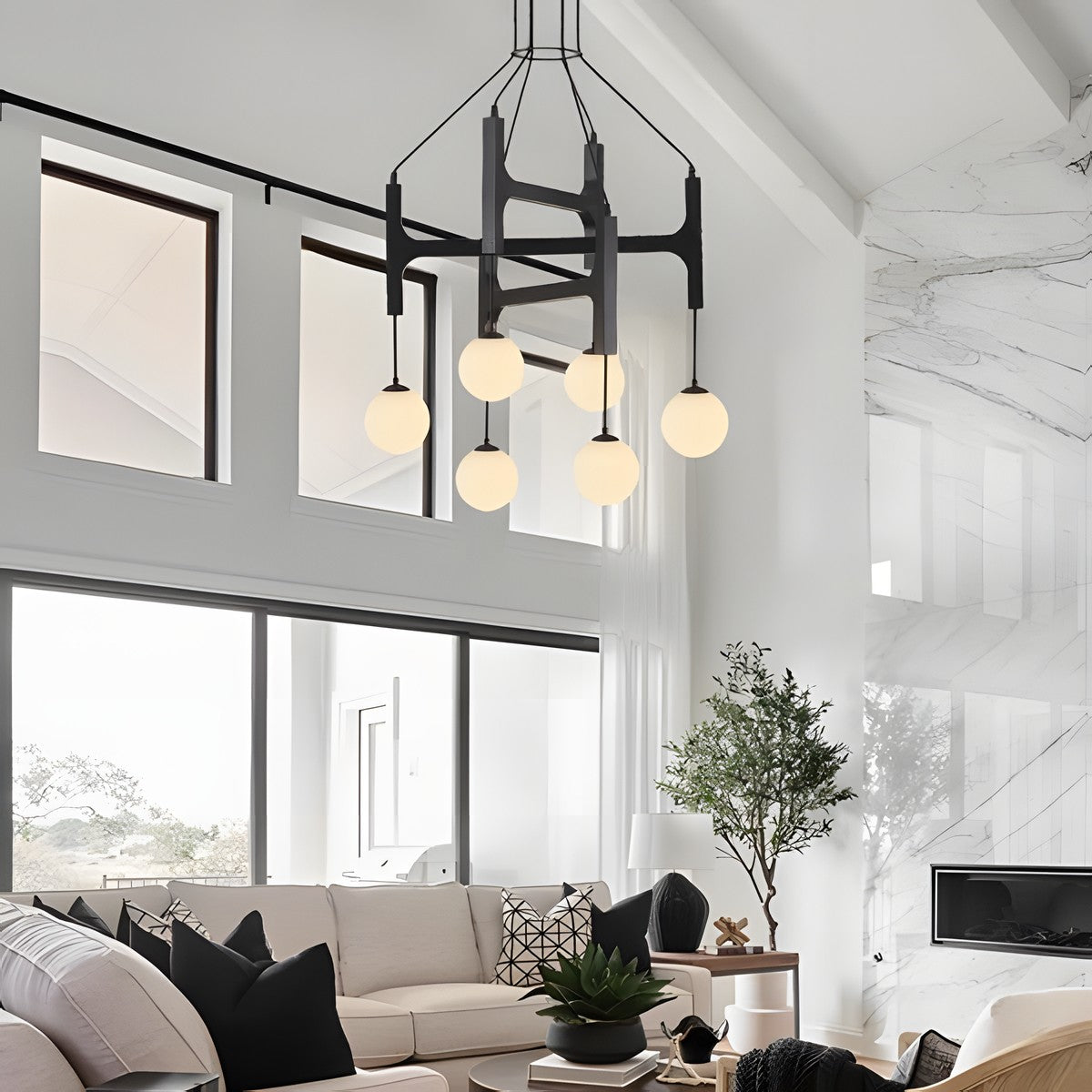 Astraea Farmhouse Wooden Branch Milk Glass Globe Chandelier